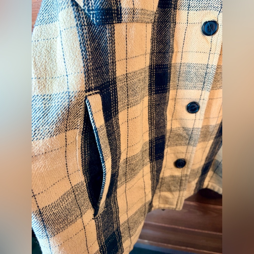 Lucky Brand Plaid Shacket Jacket Oversized Button Front Tan Black XL Cozy - Picture 3 of 8